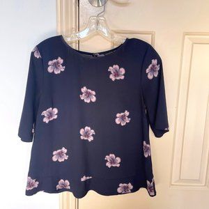 Beautiful Navy and Floral Pink Flounce Blouse by Ann Taylor